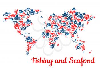 Fishing world map of seafood and fish food. Vector c of lobster and salmon, shrimp or crab and trout and tuna or carp. Fishery catch flounder and prawn or squid, herring and octopus or mackerel