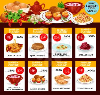 Danish cuisine vector menu for restaurant lunch of lucia and pepper nuts buns, apple casserole, roasted chicken or soup with vegetables, cabbage and vermicelli salad, sweet cereal with raspberry