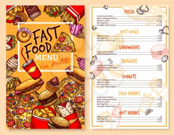 Fast food menu template of snacks and meals. Vector price design of pizza, hot dog sandwiches and burgers, french fries snacks and donut or ice cream dessert and soda drinks for fastood restaurant