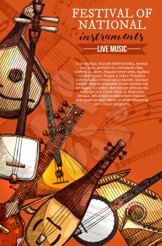 National musical instruments festival poster for folk music concert. Vector design of string pluck ethnic mexican banjo guitar or russian balalaika and japanese biwa koto, greek zyther or sitar