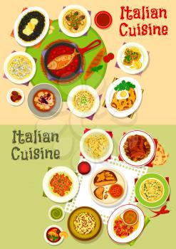 Italian cuisine lunch icon set of pasta dishes with seafood, meat and pesto sauce, chicken spaghetti with cheese, seafood risotto, vegetable beef salad, meat bread, fish in tomato sauce, octopus stew