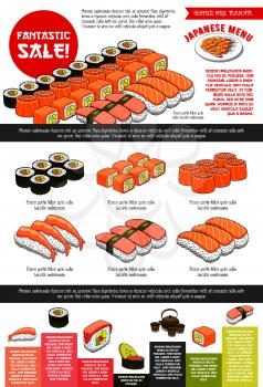 Japanese sushi restaurant menu template with sushi set sale. Vector price design of prawn shrimps tempura, steamed rice and green tea, sashimi and seafood noodle dishes or miso soup and chopsticks