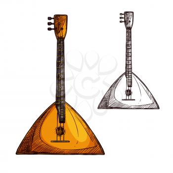 Balalaika guitar string musical instrument. Vector sketch symbol of folk or national Russian guitar of plucking type with three strings for ethnic music concert or festival design