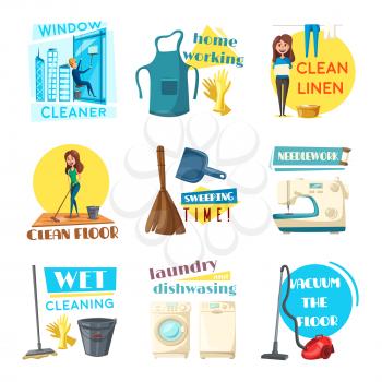 Home cleaning and homework vector flat design icons set. Woman washing dishes at kitchen sink, cleansing room with mop and vacuum cleaner or sewing needlework. Man cleans windows on skyscraper