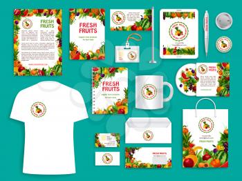 Fruit company vector identity icons templates set of corporate branding promo stationery supplies t-shirt apparel, business card, flag or mug and badge, blanks with exotic tropical fresh fruits design