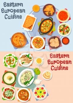Eastern European cuisine icon set of vegetable salad with egg, sausage, fish, beer and tomato soup, fruit, meat and vegetable pie, potato dumpling, herring in apple sauce, pancake roll and omelette