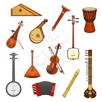 Music instrument isolated icon set of classic and ethnic musical instruments. Violin and mandolin, banjo, drum and balalaika, sitar, flute, accordion, rebec and psaltery. Music festival design