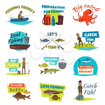 Fishing isolated cartoon icon set. Boat and bank fishing symbol of fisherman with spinning rod and net with fresh caught marlin, pike, salmon and perch fish, fishing tackle and equipment