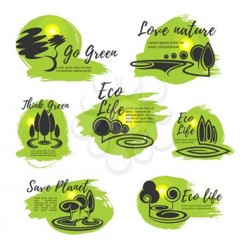 Eco life, go green, save nature and ecology protection symbol set. Green tree nature landscape icon for eco sustainable living, environment conservation and ecology themes design
