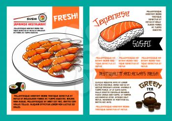 Japanese cuisine restaurant menu poster template. Asian seafood menu with nigiri sushi and roll with salmon, rice and tuna fish, chopsticks, shrimp tempura and traditional tea set with text layouts