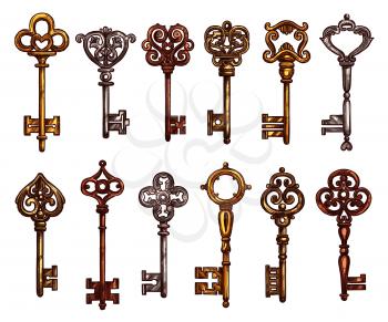 Key and vintage skeleton key isolated sketch. Metal door key, decorated with ornamental forged elements on bow and tip. Tattoo and jewelry themes or secret concept design