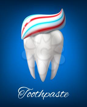 Tooth with toothpaste poster. White tooth with healthy roots and strip of toothpaste on the top. Dentistry, dental care, hygiene treatment and health care themes design