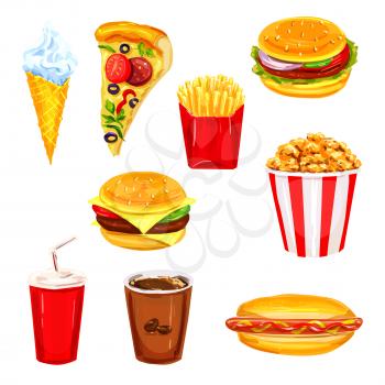 Fast food restaurant lunch watercolor set. Hamburger, burger, hot dog, pizza, french fries, coffee and soda drinks, cheeseburger, popcorn, ice cream cone hand drawn illustration for fast food design
