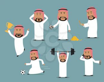 Arab businessman in different poses set. Saudi arabian man talking by mobile phone, playing football, searching success with compass, standing with money and calculator, winner trophy cup and barbell