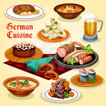German cuisine cartoon icon with national dishes. Sausage, beer and pretzel, potato salad, sausage soup, fish roll, noodle soup with brussel sprouts, chocolate cake with almond and pork schnitzel