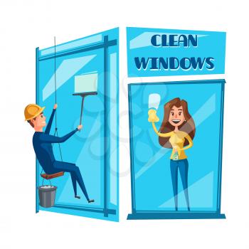 Window cleaning icon set. Window cleaner in uniform cleaning office window with squeegee and woman washing house window with spray and sponge. Housekeeping service and household chore design