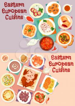 Eastern european cuisine menu icon set with beef, duck and fish baked with sauce, bread and meat soup, pickled sausage, vegetable beef stew, meat roll, cheese and poppy bun, cherry strudel