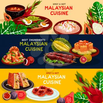 Malaysian cuisine restaurant best offer banner set. Grilled chicken, seafood risotto, fried rice, vegetable and fish salad, papaya soup, stuffed tofu and potato donut menu flyer with exotic fruit