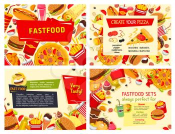 Fast food posters for restaurant. Vector design set of pizza, hamburgers or hot dog sandwiches and popcorn with ice cream and donut dessert, chicken nuggets and cheeseburger for fastfood menu template