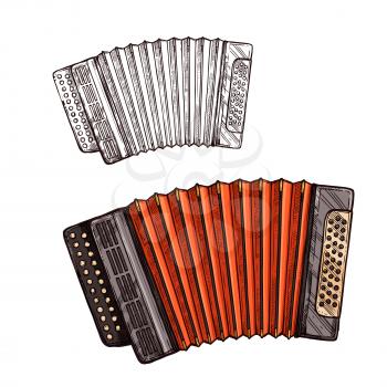 Accordion musical instrument. Vector sketch symbol of folk or national type of piano accordion or Russian bayan with button keys for ethnic music concert or festival design