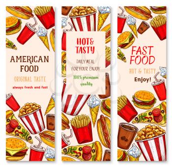 Fast food banners design of burgers, sandwich or snacks and desserts for fastfood restaurant or cafe. Vector set of popcorn, chicken nuggets grill or hot dog and french fries with ice cream and donut