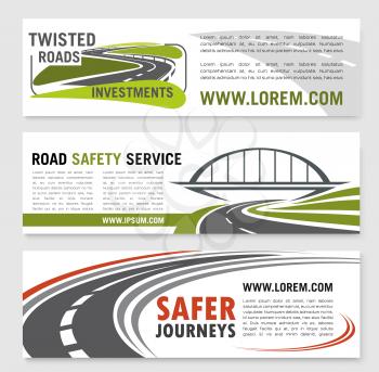 Road safety service banners for construction or development investment company. Design of highway routes and bridges or motorway tunnels elements and symbols of road journey