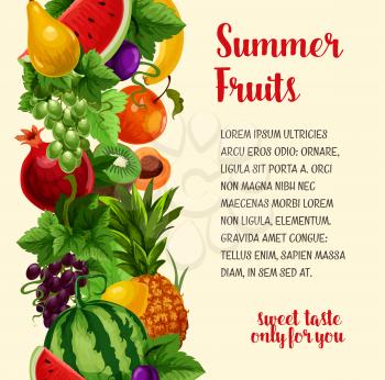 Fruits vector poster. Farm fresh apricot or apple and watermelon, sweet peach and tropical pineapple, juicy pomegranate and harvest of plum and grapes with melon and and exotic kiwi