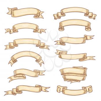 Ribbons empty templates set. Vector old retro paper scrolls or manuscript banners wit blank copy space. Symbols of ancient heraldic flags or vntage crests for heraldry design element of shield or coat