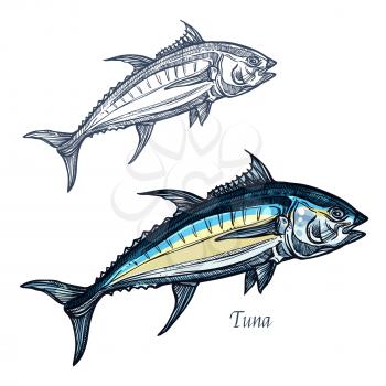Tuna sketch vector fish icon. Isolated ocean mackerel fish species. Isolated symbol for seafood restaurant sign or emblem, fishing club or fishery market