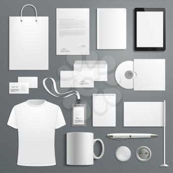 Accessories for branding and corporate identity business items. Vector isolated icons of supplies and office stationery, business card, t-shirt and envelope or paper bag, mug and id badges or notepads
