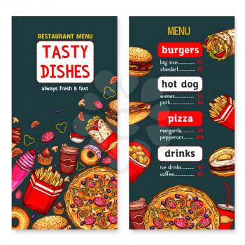 Fast food restaurant menu design. Vector fastfood price cover template with burgers, pizza and soda or coffee drinks, chicken grill wings or nuggets and french fries snacks, ice cream or donut dessert