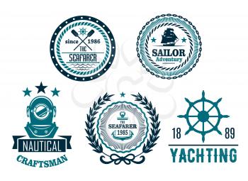 Nautical icons for yachting club or seafarer heraldic labels. Vector isolated symbols set of ship helm and anchor, diver aqualung mask, brigantine and paddles, captain or sailor compass and wreath wit