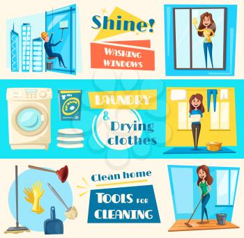 Home work or cleaning service vector banners. Man and woman cleaning windows on skyscraper building, laundry washing machine and clean linen with detergent, household tools duster, rag and gloves