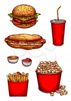 Fast food snacks and meals sketch. Vector isolated icons of cheeseburger or hamburger, hotdog sandwich, soda drink in cup, popcorn basket and french fries potato, mustard and ketchup sauces