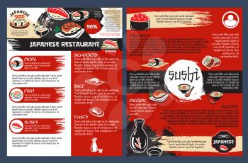 Sushi bar and seafood restaurant of japanese cuisine poster. Roll and nigiri sushi with salmon, tuna and shrimp, noodle soup, prawn tempura and sake menu template for asian cuisine restaurant design