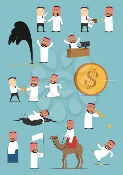 Arabian businessman activities cartoon set. Saudi arab man working on computer, running away from money, shaking hand, riding on camel, standing with white flag, fighting for trophy, discovering oil