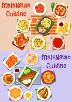 Malaysian cuisine dinner icon set of fish curry, vegetable and fruit salad, meat soup with noodle and veggies, chilli shrimp and egg, stuffed tofu and pepper, grilled fish with rice, donut and cake