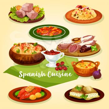 Spanish cuisine meat and fish dishes for dinner menu cartoon icon. Rice with gammon, sausage and ham, seafood noodle, fish and shrimp soup, tuna salad, cod with chilli sauce, trout baked with ham