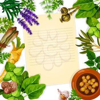 Recipe paper card with herb, spice and leaf vegetable. Basil, mint, rosemary, garlic, parsley, dill, celery, nutmeg, cardamom, lemongrass, sorrel, poppy seed, lavender flower poster with copy space