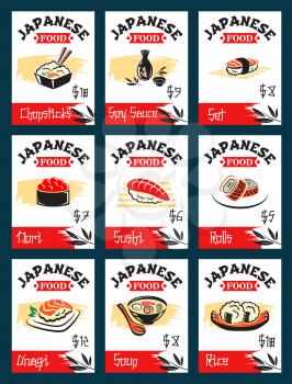 Japanese cuisine, asian food menu card. Sushi roll with rice, salmon and caviar, nigiri sushi with tuna and shrimp, seafood rice, noodle soup dishes for japanese seafood restaurant, sushi bar design