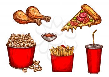 Fast food snacks, meals and drinks sketch icons set. Vector isolated symbols of grilled chicken legs, pizza slice and ketchup sauce, popcorn basket, french fries or soda for fastfood restaurant menu