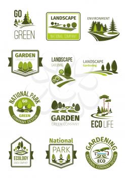 Garden and green landscape design company icons set. Vector symbols of parks and squares, nature greenery landscape of eco woodland and parkland forest for green environment and landscaping