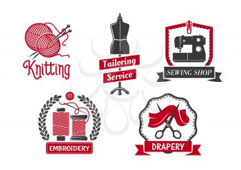 Tailoring service icons set for atelier tailor or dressmaker knitting and drapery salon. Vector isolated symbols of sewing machine, dress on dummy mannequin, scissors or threads and knit needles