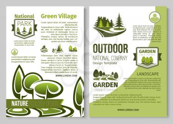 Nature ecology design and green eco planting poster for national park horticulture and gardening or planting. Vector design template of outdoor green gardens and squares or forest trees and woodlands