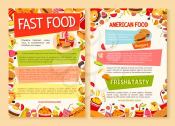 Fast food posters with combo sets of fastfood meals cheeseburgers, hamburgers or burgers and french fries. Vector design template of hot dog sandwich, donut cake or ice cream and coffee or soda drink