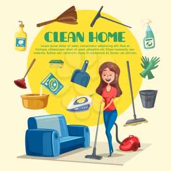 Home cleaning poster with clean room and washing appliances or chemicals. Vector woman mopping flat floor with vacuum cleaner, water bucket or detergent and bathroom plunger, dust scoop or duster