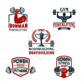 Gym or bodybuilding and powerlifting sport club icons set. Vector isolated badges of muscleman biceps with dumbbell weight, barbell power in hands, ribbons, stars and bodybuilder winner cup prize