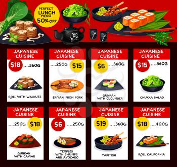 Japanese cuisine restaurant menu template. Vector lunch offer for walnut roll, pork teriyaki and guncan with cucumber or caviar, chukka salad, shrimps and avocado temples, yakitori and roll california