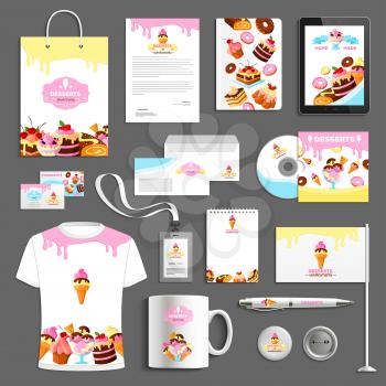 Desserts or bakery company vector identity templates set of corporate branding promo stationery supplies t-shirt apparel, business card, flag or mug and badge, blanks with cakes and sweets design