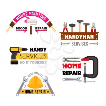 Handyman work tools icons set for home repair service or company. Vector isolated handy toolbox of house fix instruments, paint brush, screwdriver or wrench, trowel or safety helmet and hammer or vise
